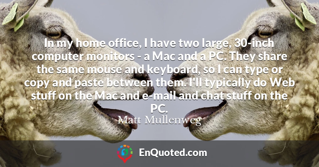 In my home office, I have two large, 30-inch computer monitors - a Mac and a PC. They share the same mouse and keyboard, so I can type or copy and paste between them. I'll typically do Web stuff on the Mac and e-mail and chat stuff on the PC.