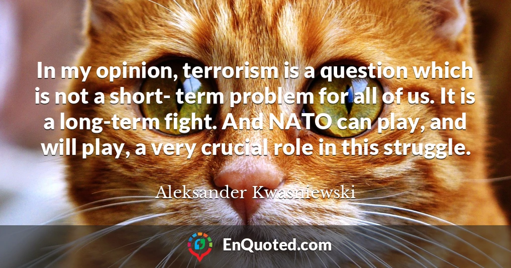 In my opinion, terrorism is a question which is not a short- term problem for all of us. It is a long-term fight. And NATO can play, and will play, a very crucial role in this struggle.
