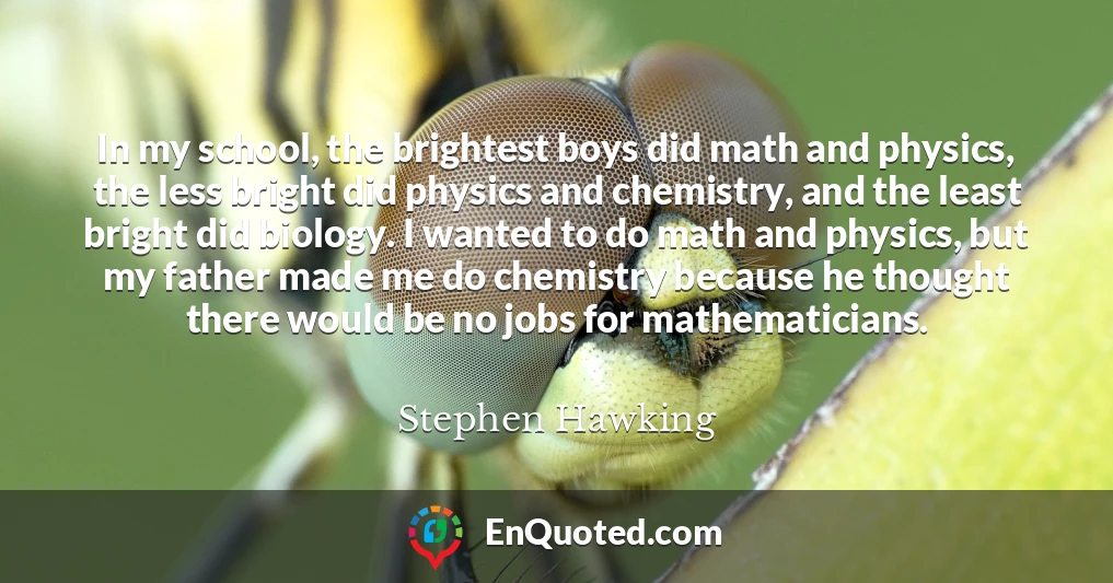In my school, the brightest boys did math and physics, the less bright did physics and chemistry, and the least bright did biology. I wanted to do math and physics, but my father made me do chemistry because he thought there would be no jobs for mathematicians.