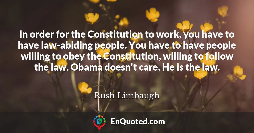 In order for the Constitution to work, you have to have law-abiding people. You have to have people willing to obey the Constitution, willing to follow the law. Obama doesn't care. He is the law.