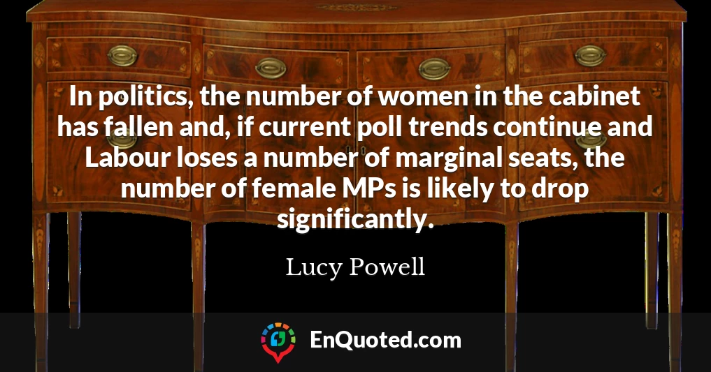 In politics, the number of women in the cabinet has fallen and, if current poll trends continue and Labour loses a number of marginal seats, the number of female MPs is likely to drop significantly.