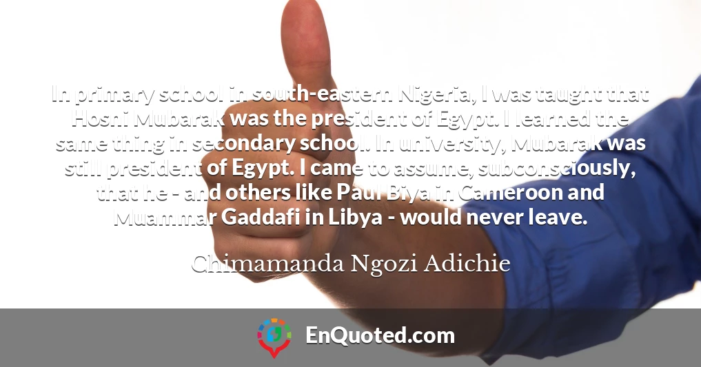 In primary school in south-eastern Nigeria, I was taught that Hosni Mubarak was the president of Egypt. I learned the same thing in secondary school. In university, Mubarak was still president of Egypt. I came to assume, subconsciously, that he - and others like Paul Biya in Cameroon and Muammar Gaddafi in Libya - would never leave.