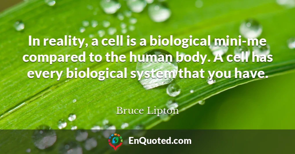 In reality, a cell is a biological mini-me compared to the human body. A cell has every biological system that you have.