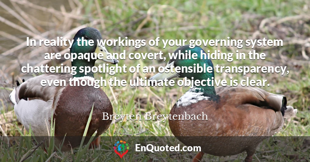 In reality the workings of your governing system are opaque and covert, while hiding in the chattering spotlight of an ostensible transparency, even though the ultimate objective is clear.