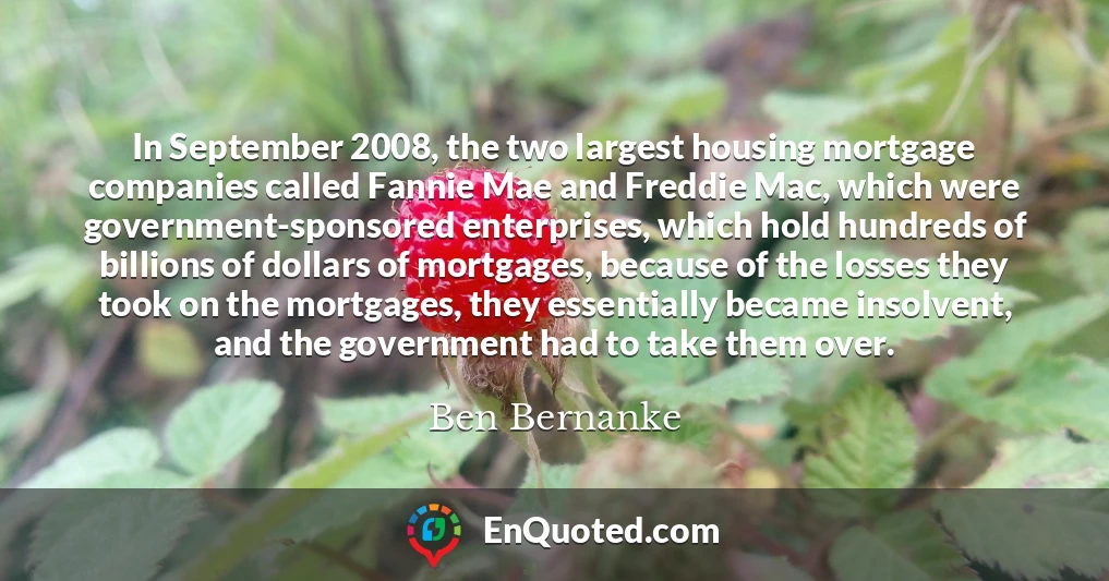 In September 2008, the two largest housing mortgage companies called Fannie Mae and Freddie Mac, which were government-sponsored enterprises, which hold hundreds of billions of dollars of mortgages, because of the losses they took on the mortgages, they essentially became insolvent, and the government had to take them over.