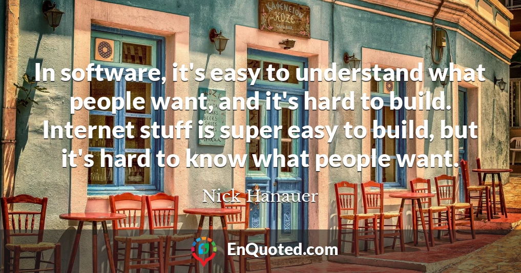 In software, it's easy to understand what people want, and it's hard to build. Internet stuff is super easy to build, but it's hard to know what people want.