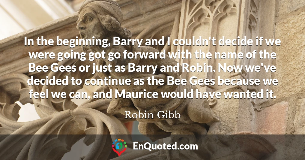In the beginning, Barry and I couldn't decide if we were going got go forward with the name of the Bee Gees or just as Barry and Robin. Now we've decided to continue as the Bee Gees because we feel we can, and Maurice would have wanted it.