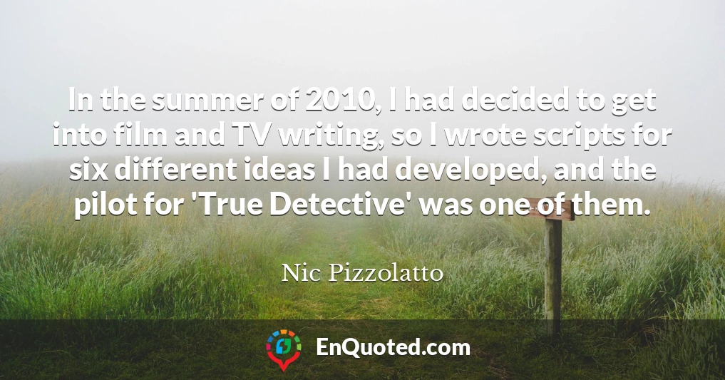 In the summer of 2010, I had decided to get into film and TV writing, so I wrote scripts for six different ideas I had developed, and the pilot for 'True Detective' was one of them.