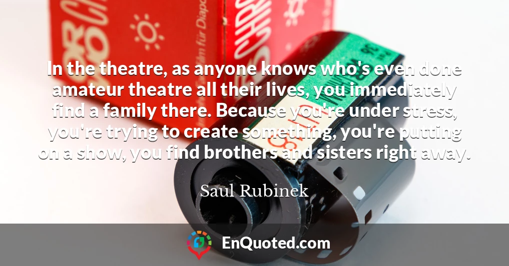 In the theatre, as anyone knows who's even done amateur theatre all their lives, you immediately find a family there. Because you're under stress, you're trying to create something, you're putting on a show, you find brothers and sisters right away.