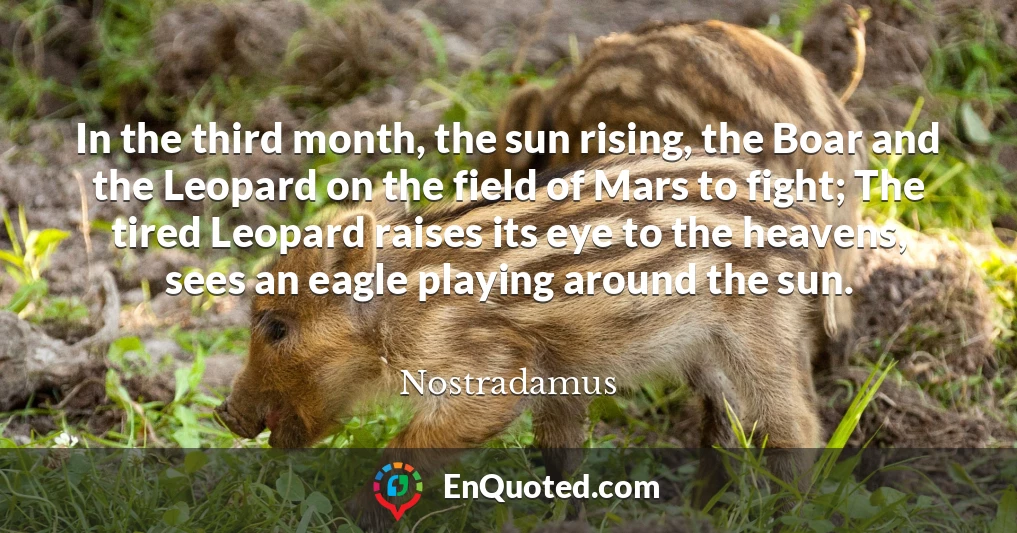 In the third month, the sun rising, the Boar and the Leopard on the field of Mars to fight; The tired Leopard raises its eye to the heavens, sees an eagle playing around the sun.