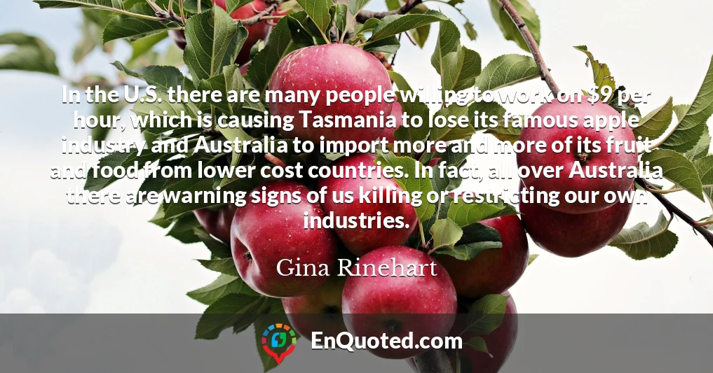 In the U.S. there are many people willing to work on $9 per hour, which is causing Tasmania to lose its famous apple industry and Australia to import more and more of its fruit and food from lower cost countries. In fact, all over Australia there are warning signs of us killing or restricting our own industries.