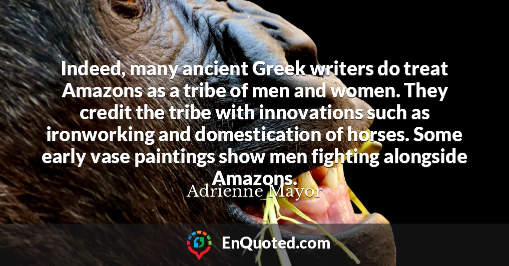 Indeed, many ancient Greek writers do treat Amazons as a tribe of men and women. They credit the tribe with innovations such as ironworking and domestication of horses. Some early vase paintings show men fighting alongside Amazons.