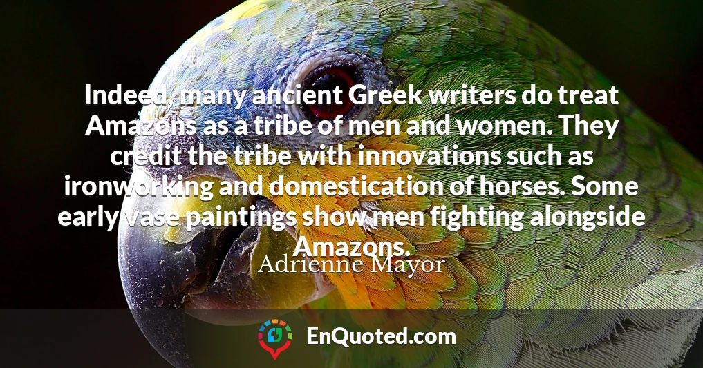 Indeed, many ancient Greek writers do treat Amazons as a tribe of men and women. They credit the tribe with innovations such as ironworking and domestication of horses. Some early vase paintings show men fighting alongside Amazons.