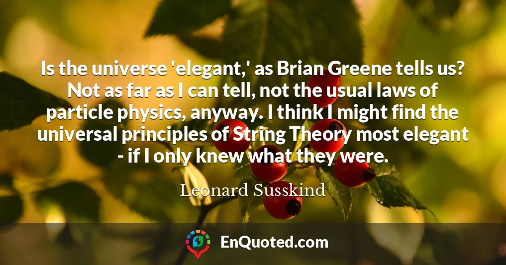 Is the universe 'elegant,' as Brian Greene tells us? Not as far as I can tell, not the usual laws of particle physics, anyway. I think I might find the universal principles of String Theory most elegant - if I only knew what they were.