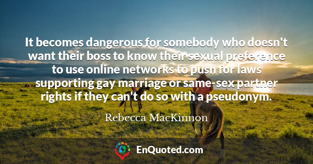 It becomes dangerous for somebody who doesn't want their boss to know their sexual preference to use online networks to push for laws supporting gay marriage or same-sex partner rights if they can't do so with a pseudonym.