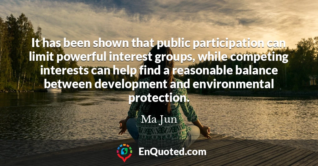 It has been shown that public participation can limit powerful interest groups, while competing interests can help find a reasonable balance between development and environmental protection.