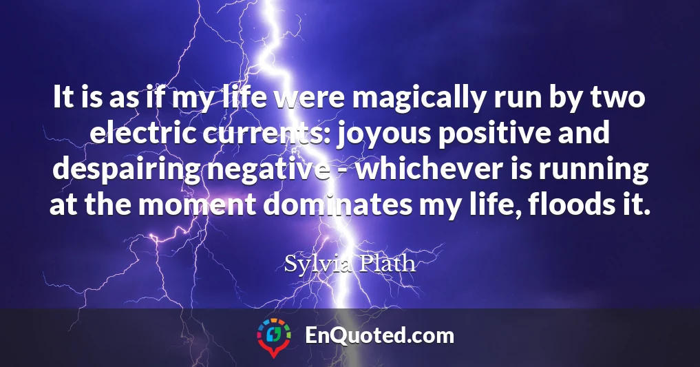 It is as if my life were magically run by two electric currents: joyous positive and despairing negative - whichever is running at the moment dominates my life, floods it.