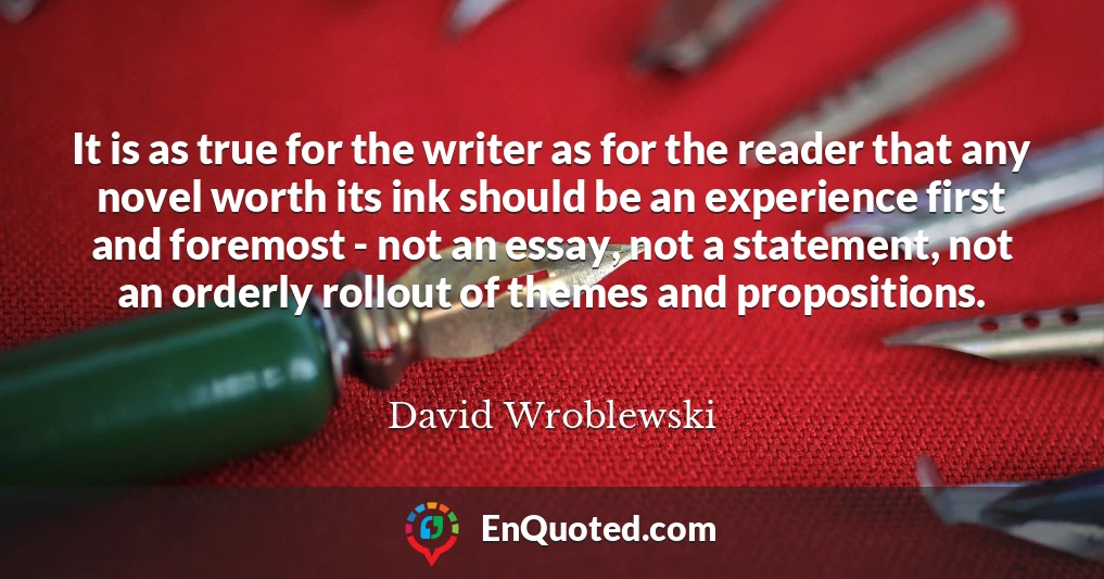 It is as true for the writer as for the reader that any novel worth its ink should be an experience first and foremost - not an essay, not a statement, not an orderly rollout of themes and propositions.