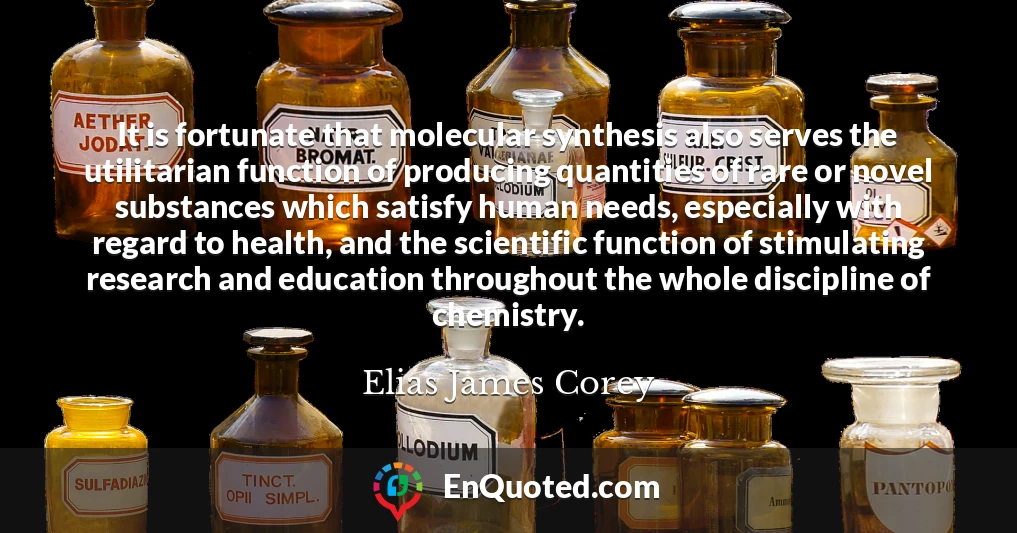 It is fortunate that molecular synthesis also serves the utilitarian function of producing quantities of rare or novel substances which satisfy human needs, especially with regard to health, and the scientific function of stimulating research and education throughout the whole discipline of chemistry.