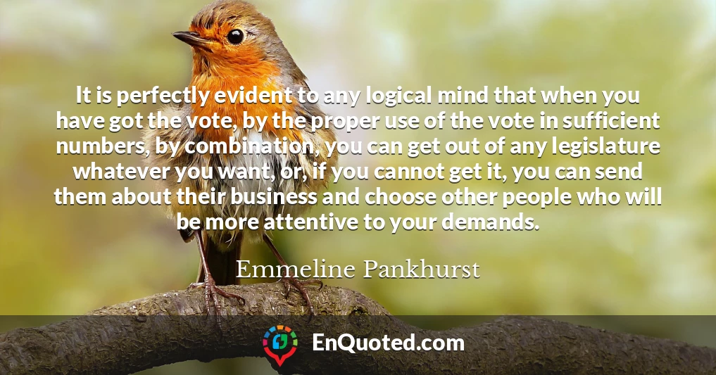 It is perfectly evident to any logical mind that when you have got the vote, by the proper use of the vote in sufficient numbers, by combination, you can get out of any legislature whatever you want, or, if you cannot get it, you can send them about their business and choose other people who will be more attentive to your demands.