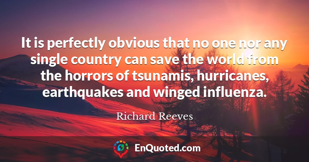 It is perfectly obvious that no one nor any single country can save the world from the horrors of tsunamis, hurricanes, earthquakes and winged influenza.