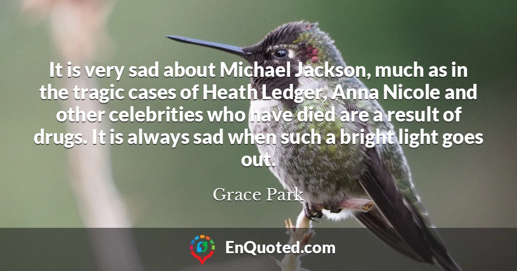 It is very sad about Michael Jackson, much as in the tragic cases of Heath Ledger, Anna Nicole and other celebrities who have died are a result of drugs. It is always sad when such a bright light goes out.