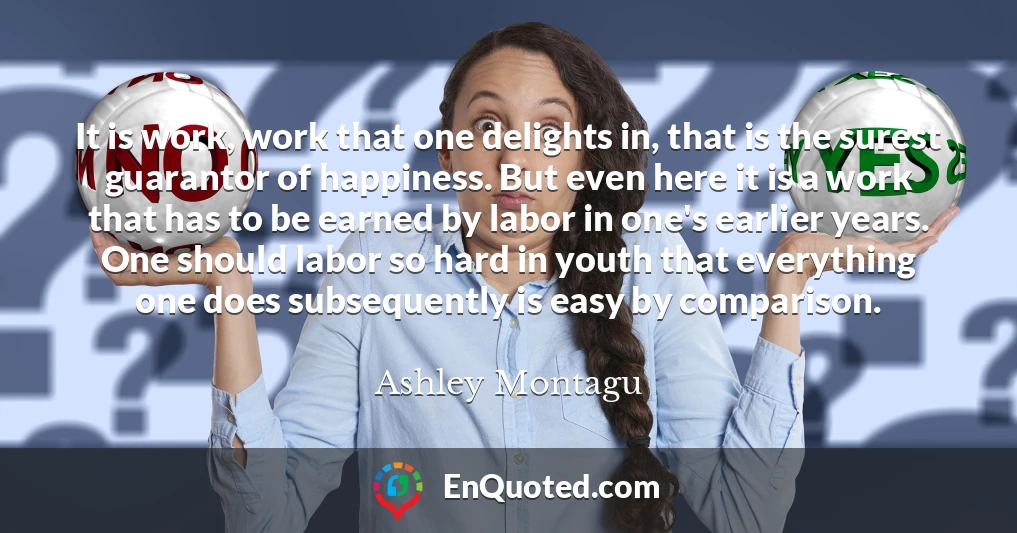 It is work, work that one delights in, that is the surest guarantor of happiness. But even here it is a work that has to be earned by labor in one's earlier years. One should labor so hard in youth that everything one does subsequently is easy by comparison.