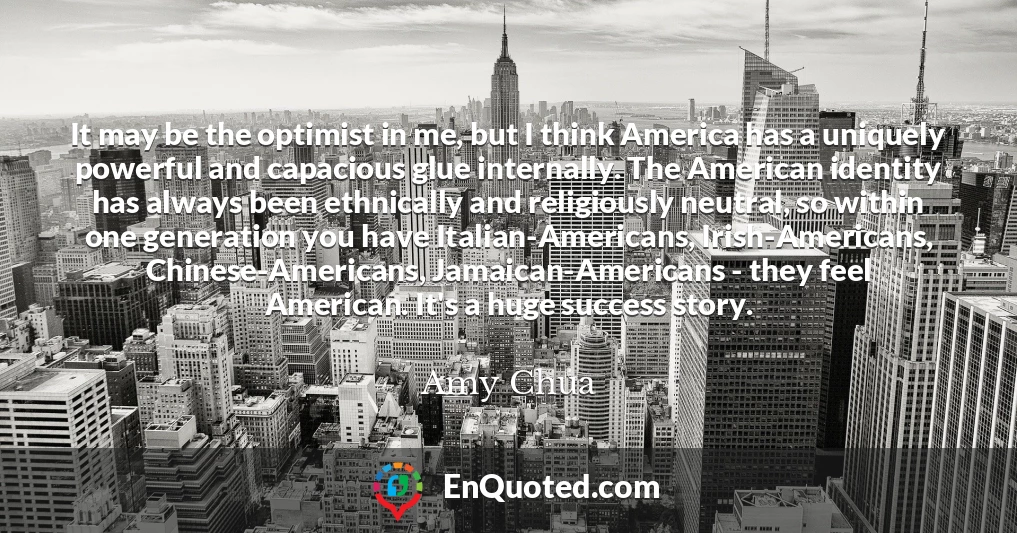 It may be the optimist in me, but I think America has a uniquely powerful and capacious glue internally. The American identity has always been ethnically and religiously neutral, so within one generation you have Italian-Americans, Irish-Americans, Chinese-Americans, Jamaican-Americans - they feel American. It's a huge success story.
