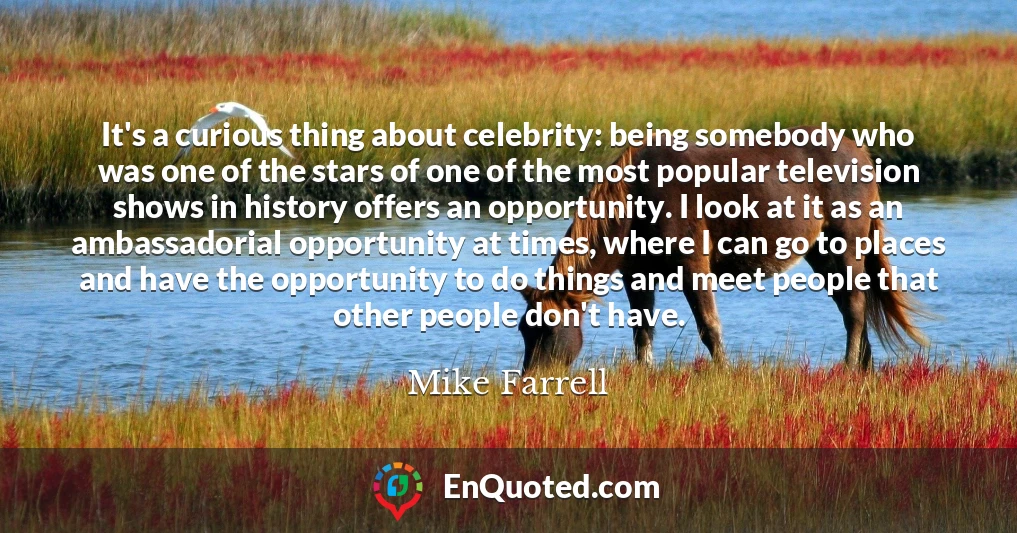 It's a curious thing about celebrity: being somebody who was one of the stars of one of the most popular television shows in history offers an opportunity. I look at it as an ambassadorial opportunity at times, where I can go to places and have the opportunity to do things and meet people that other people don't have.