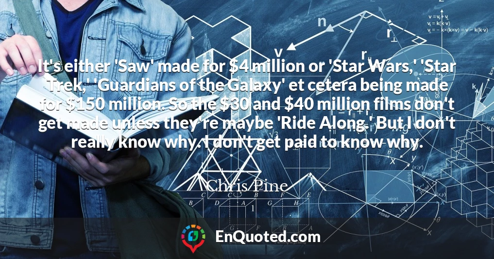 It's either 'Saw' made for $4 million or 'Star Wars,' 'Star Trek,' 'Guardians of the Galaxy' et cetera being made for $150 million. So the $30 and $40 million films don't get made unless they're maybe 'Ride Along.' But I don't really know why. I don't get paid to know why.