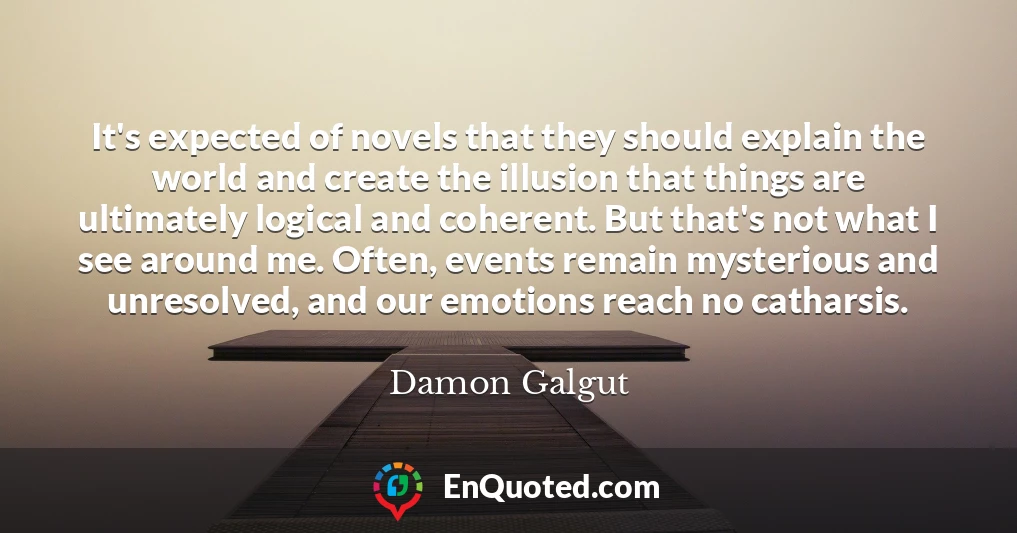 It's expected of novels that they should explain the world and create the illusion that things are ultimately logical and coherent. But that's not what I see around me. Often, events remain mysterious and unresolved, and our emotions reach no catharsis.