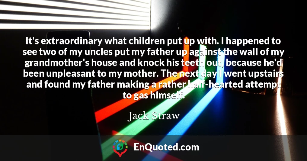 It's extraordinary what children put up with. I happened to see two of my uncles put my father up against the wall of my grandmother's house and knock his teeth out, because he'd been unpleasant to my mother. The next day I went upstairs and found my father making a rather half-hearted attempt to gas himself.