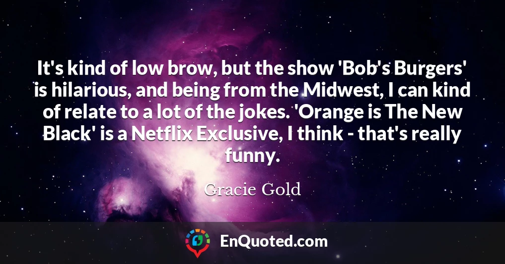 It's kind of low brow, but the show 'Bob's Burgers' is hilarious, and being from the Midwest, I can kind of relate to a lot of the jokes. 'Orange is The New Black' is a Netflix Exclusive, I think - that's really funny.