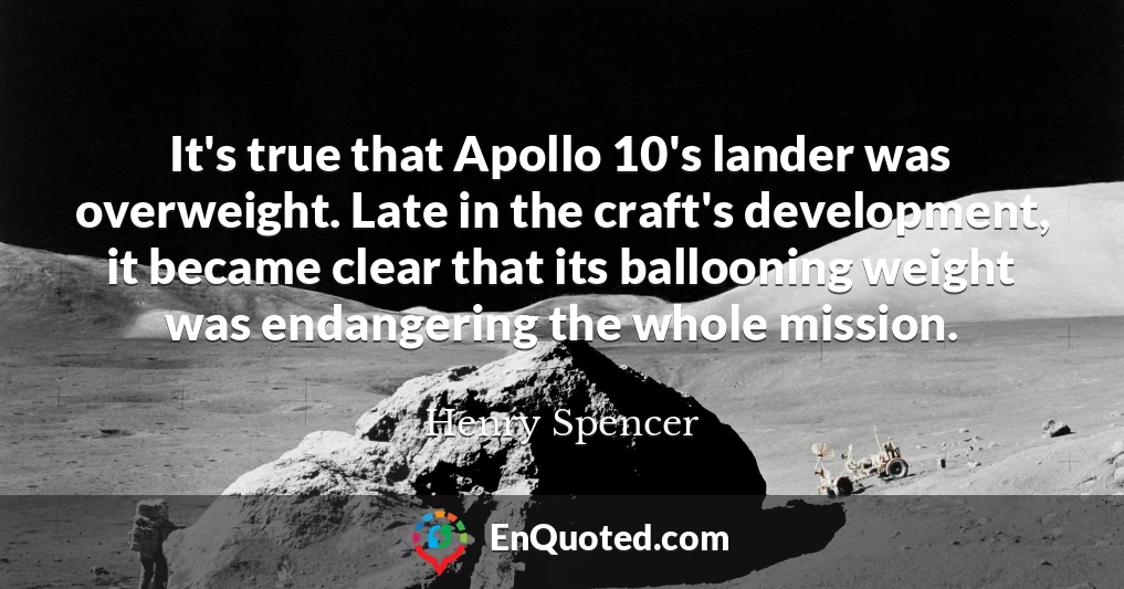 It's true that Apollo 10's lander was overweight. Late in the craft's development, it became clear that its ballooning weight was endangering the whole mission.
