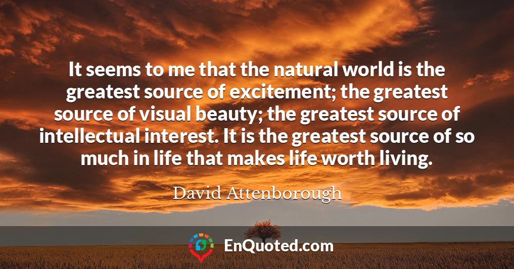 It seems to me that the natural world is the greatest source of excitement; the greatest source of visual beauty; the greatest source of intellectual interest. It is the greatest source of so much in life that makes life worth living.