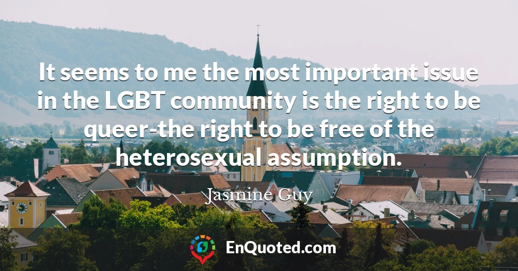 It seems to me the most important issue in the LGBT community is the right to be queer-the right to be free of the heterosexual assumption.
