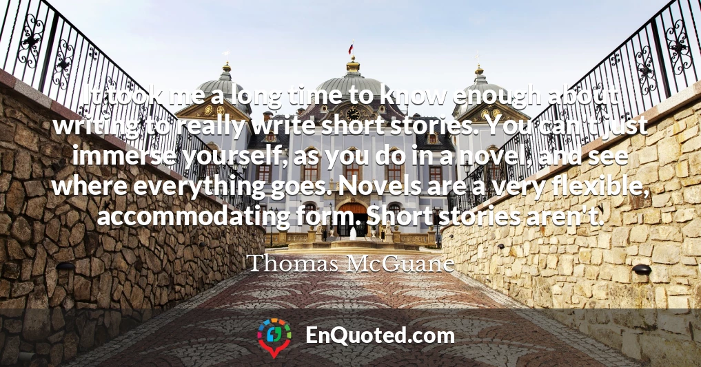 It took me a long time to know enough about writing to really write short stories. You can't just immerse yourself, as you do in a novel, and see where everything goes. Novels are a very flexible, accommodating form. Short stories aren't.