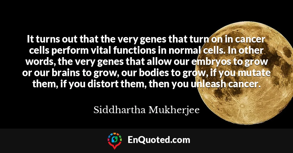 It turns out that the very genes that turn on in cancer cells perform vital functions in normal cells. In other words, the very genes that allow our embryos to grow or our brains to grow, our bodies to grow, if you mutate them, if you distort them, then you unleash cancer.