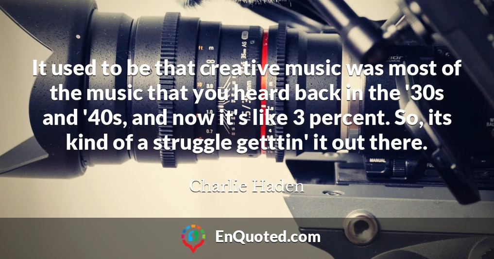 It used to be that creative music was most of the music that you heard back in the '30s and '40s, and now it's like 3 percent. So, its kind of a struggle getttin' it out there.