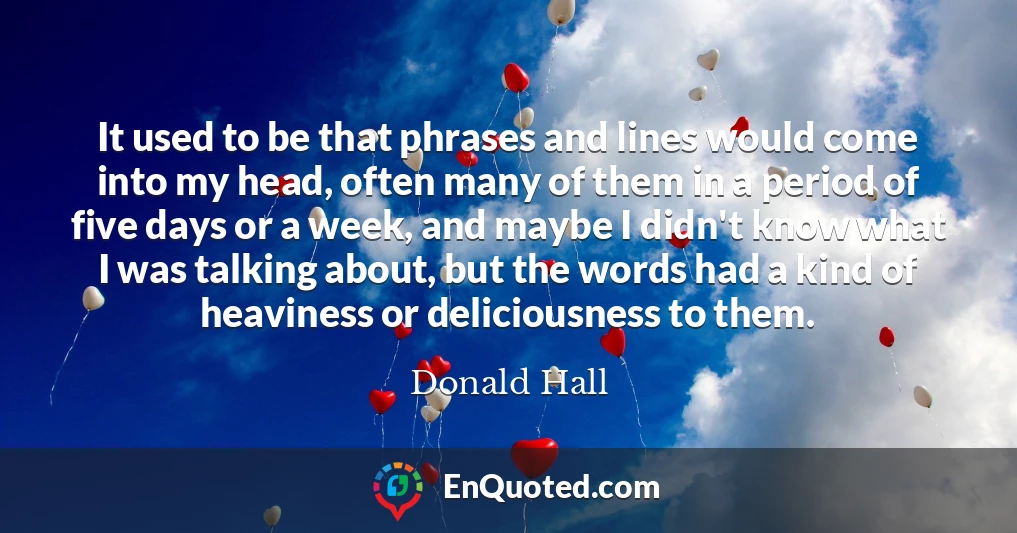 It used to be that phrases and lines would come into my head, often many of them in a period of five days or a week, and maybe I didn't know what I was talking about, but the words had a kind of heaviness or deliciousness to them.