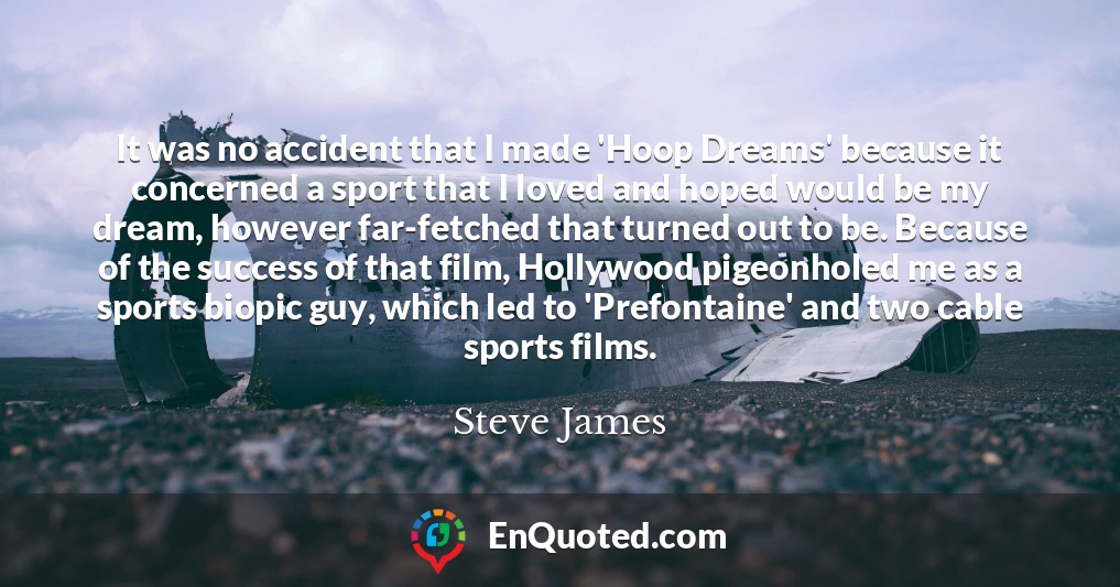 It was no accident that I made 'Hoop Dreams' because it concerned a sport that I loved and hoped would be my dream, however far-fetched that turned out to be. Because of the success of that film, Hollywood pigeonholed me as a sports biopic guy, which led to 'Prefontaine' and two cable sports films.