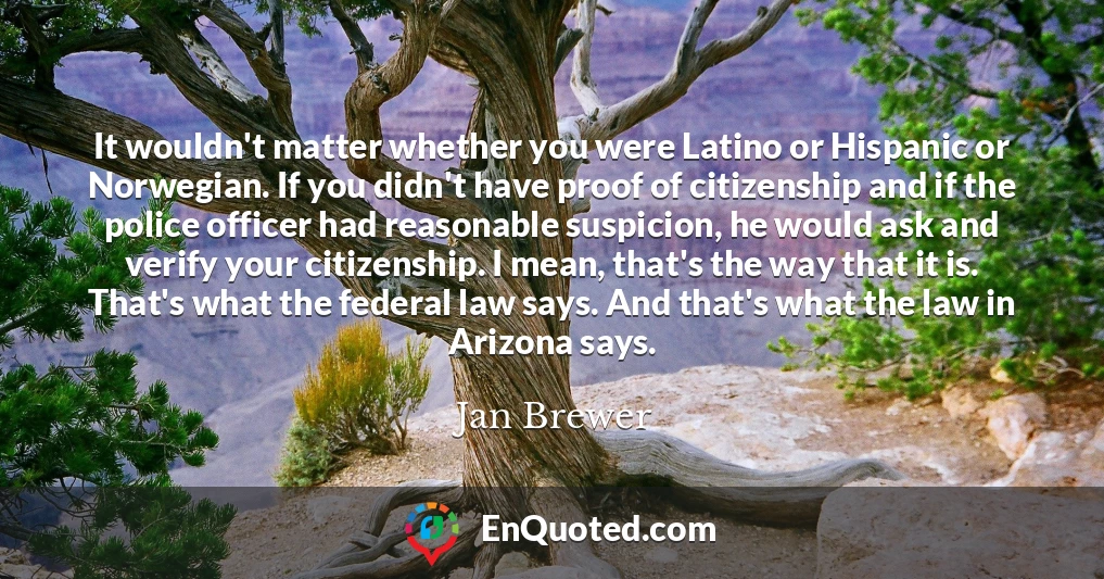 It wouldn't matter whether you were Latino or Hispanic or Norwegian. If you didn't have proof of citizenship and if the police officer had reasonable suspicion, he would ask and verify your citizenship. I mean, that's the way that it is. That's what the federal law says. And that's what the law in Arizona says.