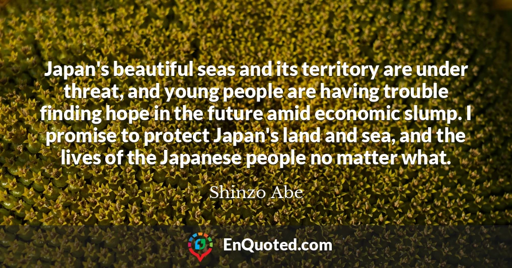 Japan's beautiful seas and its territory are under threat, and young people are having trouble finding hope in the future amid economic slump. I promise to protect Japan's land and sea, and the lives of the Japanese people no matter what.