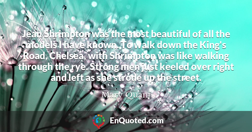 Jean Shrimpton was the most beautiful of all the models I have known. To walk down the King's Road, Chelsea, with Shrimpton was like walking through the rye. Strong men just keeled over right and left as she strode up the street.