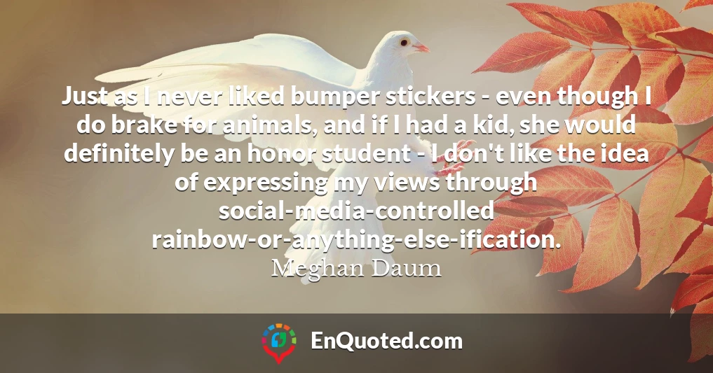 Just as I never liked bumper stickers - even though I do brake for animals, and if I had a kid, she would definitely be an honor student - I don't like the idea of expressing my views through social-media-controlled rainbow-or-anything-else-ification.