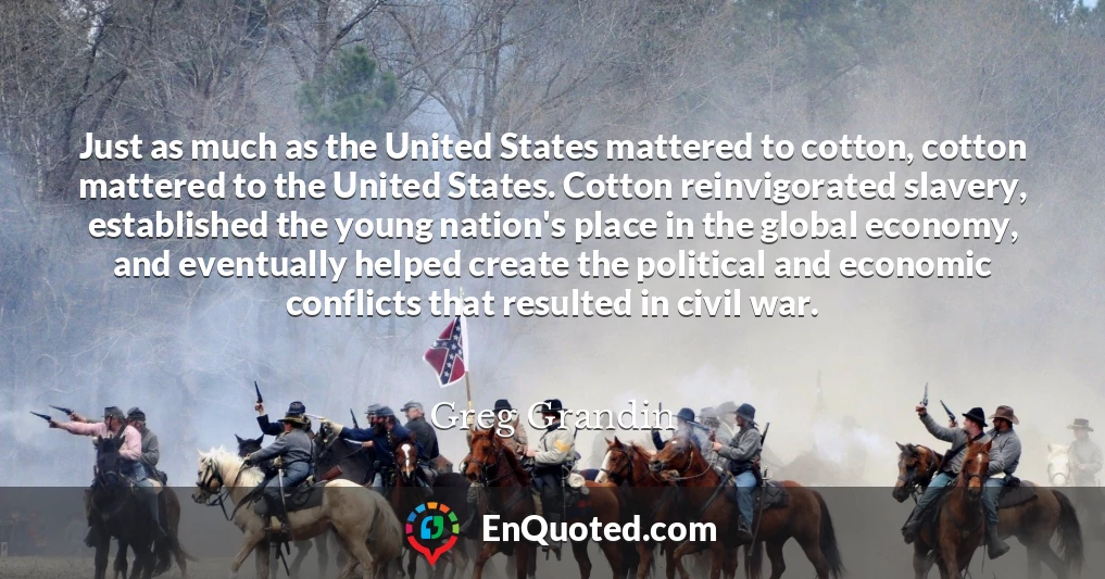 Just as much as the United States mattered to cotton, cotton mattered to the United States. Cotton reinvigorated slavery, established the young nation's place in the global economy, and eventually helped create the political and economic conflicts that resulted in civil war.