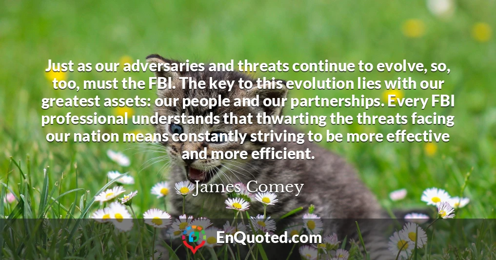 Just as our adversaries and threats continue to evolve, so, too, must the FBI. The key to this evolution lies with our greatest assets: our people and our partnerships. Every FBI professional understands that thwarting the threats facing our nation means constantly striving to be more effective and more efficient.
