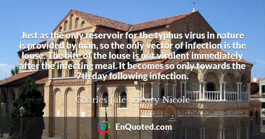 Just as the only reservoir for the typhus virus in nature is provided by man, so the only vector of infection is the louse. The bite of the louse is not virulent immediately after the infecting meal. It becomes so only towards the 7th day following infection.