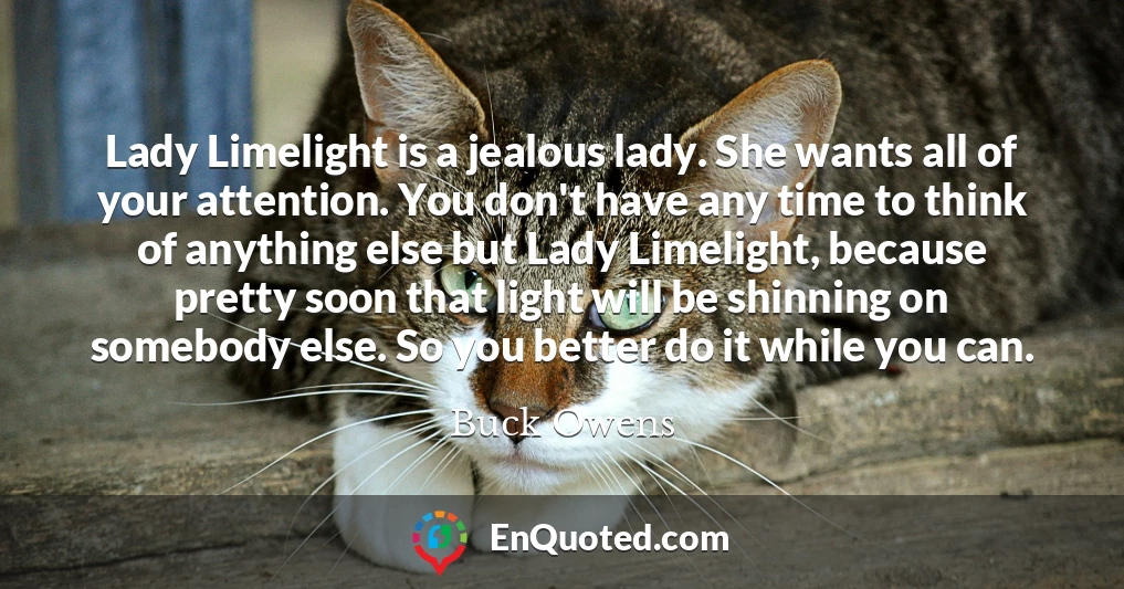 Lady Limelight is a jealous lady. She wants all of your attention. You don't have any time to think of anything else but Lady Limelight, because pretty soon that light will be shinning on somebody else. So you better do it while you can.