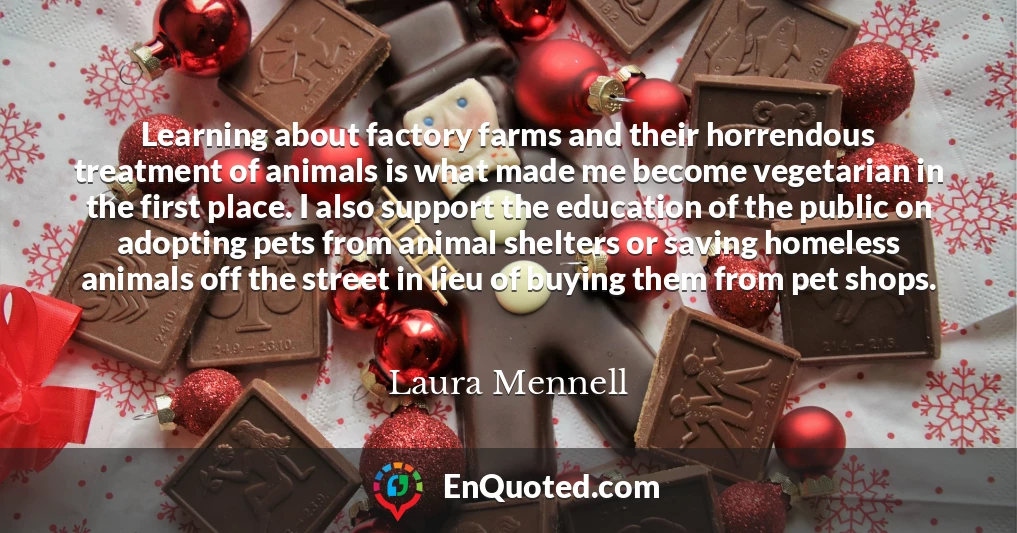 Learning about factory farms and their horrendous treatment of animals is what made me become vegetarian in the first place. I also support the education of the public on adopting pets from animal shelters or saving homeless animals off the street in lieu of buying them from pet shops.